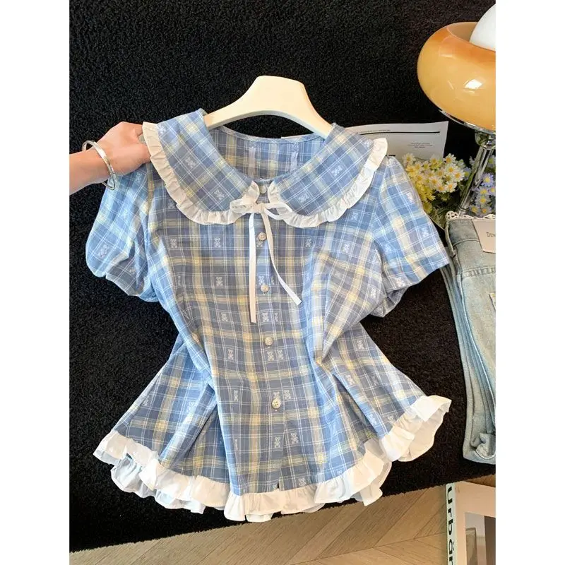 

Plaid Contrast Patchwork Sweet Shirt Tops Summer New Short Sleeve Button Ruffles Blouse Fashion Elegant Women Clothing