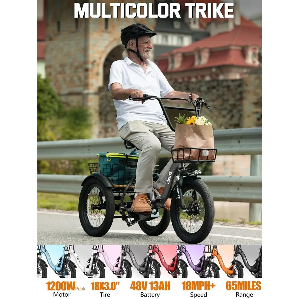 Folding 3 Wheel Electric Bike 1200W Motor 624Wh Battery 18MPH Adult Fat Tire Tricycle image 2
