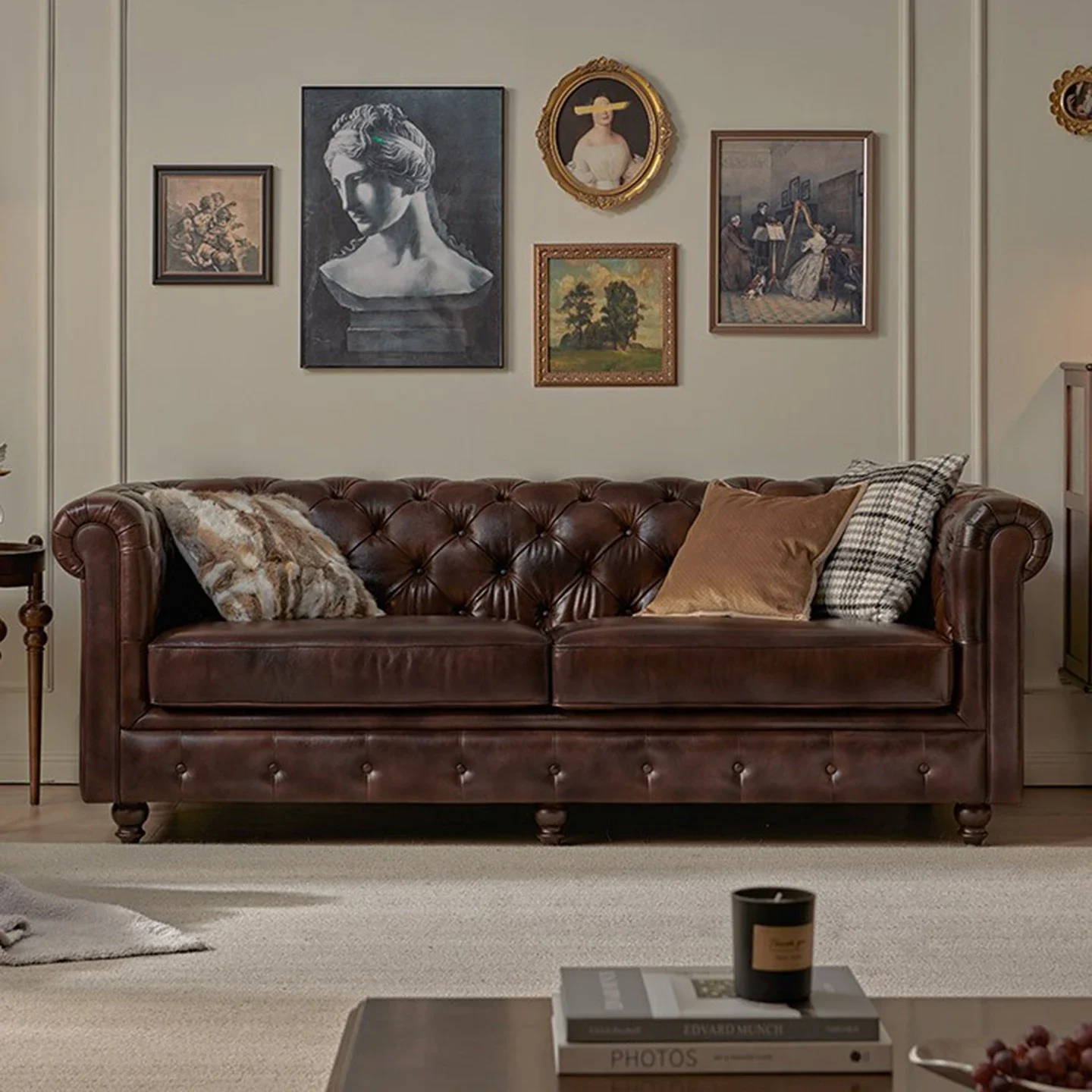 Leather sofa first layer cowhide retro furniture living room simple modern solid wood leather sofa villa room