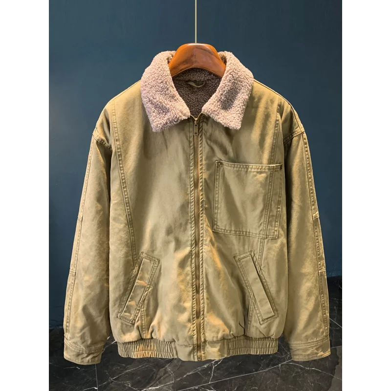 

Khaki casual fur collar jacket men's thick winter warm jacket with added fleece, fashionable thick men's clothing