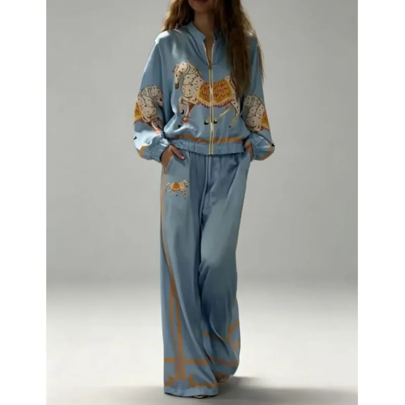 Y2k Fashion Women's Loose Coat With Wide Leg Pants Suit Autumn Foreign Style Print Cardigan Coats Two Piece Set Lady StreetWear