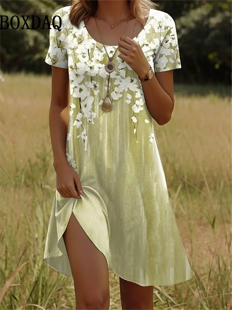 Floral Print frauen Kleid Elegante Casual Für Weibliche Sommer Mode Oansatz Kurzarm Lose Urlaub Damen Lose Kurze Kleid