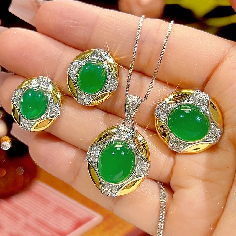 

Two Tone Gold Silver Plated Oval Green Jade Jewelry Adjustable Ring Necklace Earrings Luxury Bridal Wedding Party Women Jewelry