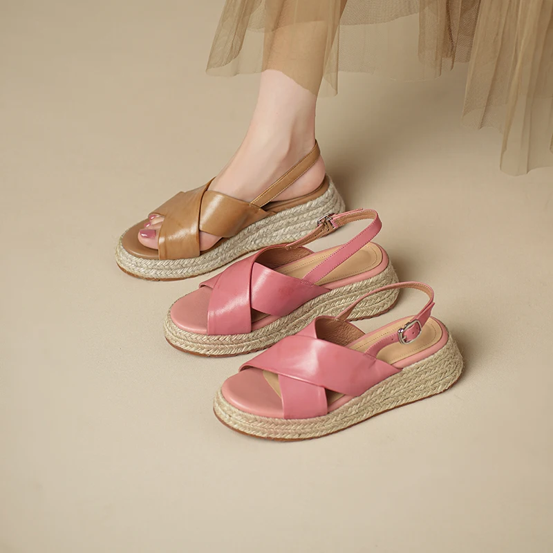 2026new summer women sandals natural leather 22-25cm cowhide+pigskin cross-tied back-buckle high heel wedges women shoes fashion