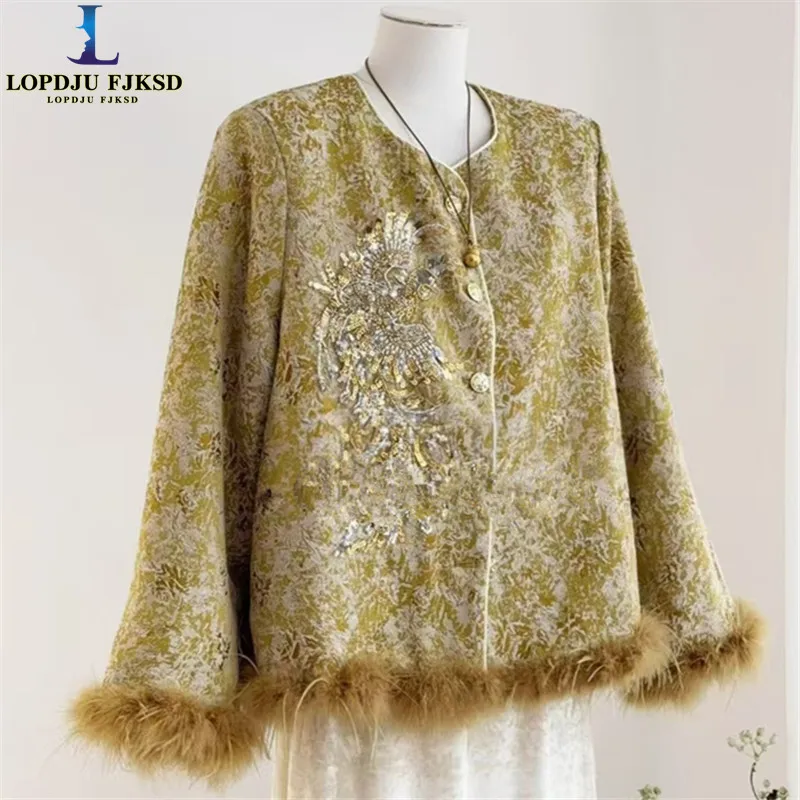 Chinese Style Jackets for Women,Single Breasted Coat,Jacquard Female Clothing,Appliques Tops,Ostrich Feather,Spring,Autumn,2026