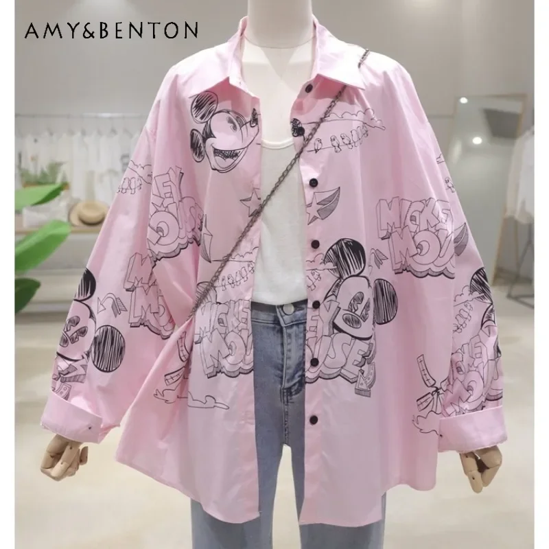 

Popular Age Reduction Cartoon Printing Blouse 2024 Early Autumn Loose Thin Medium And Long Cotton Top Long-sleeved Shirt Female