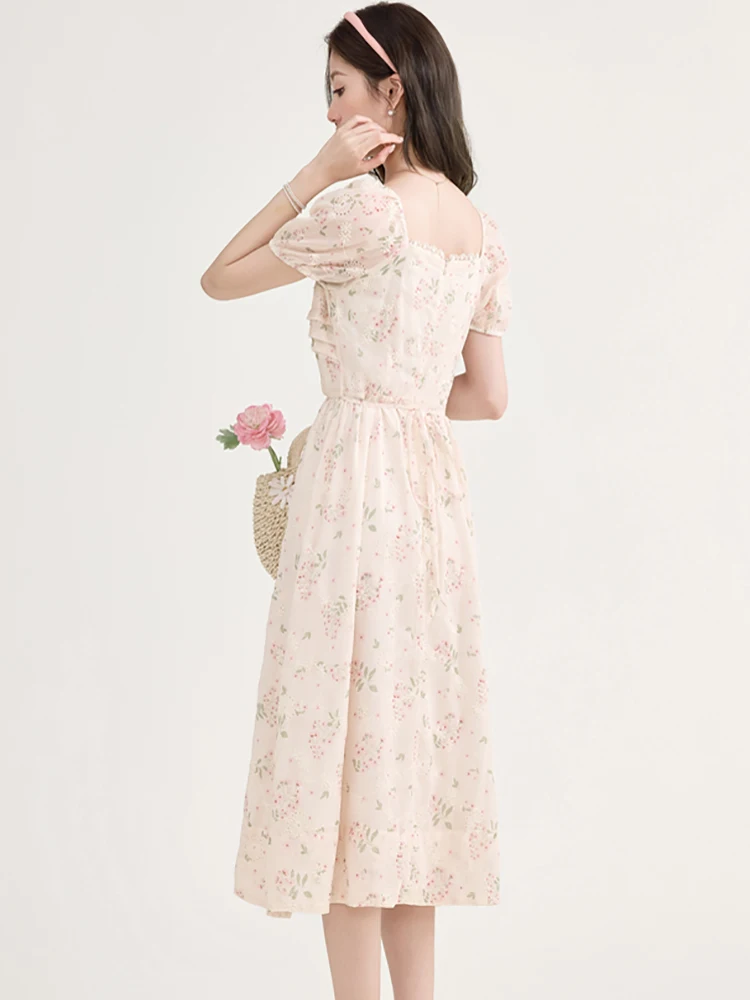 Women Pink Embroidery Floral Casual Long Dress 2025 New Short Sleeve Lace Square Collar Dress Summer Boho Elegant Holiday Dress
