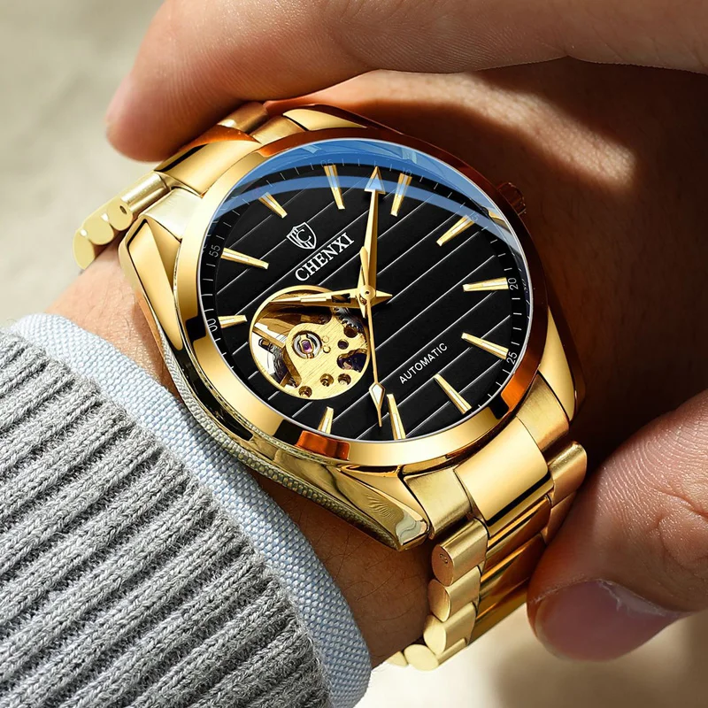 

CHENXI Men's Watches Men Luxury Business Gold Watches Men Stainless Steel Band Automatic Mechanical Skeleton Wristwatches Men