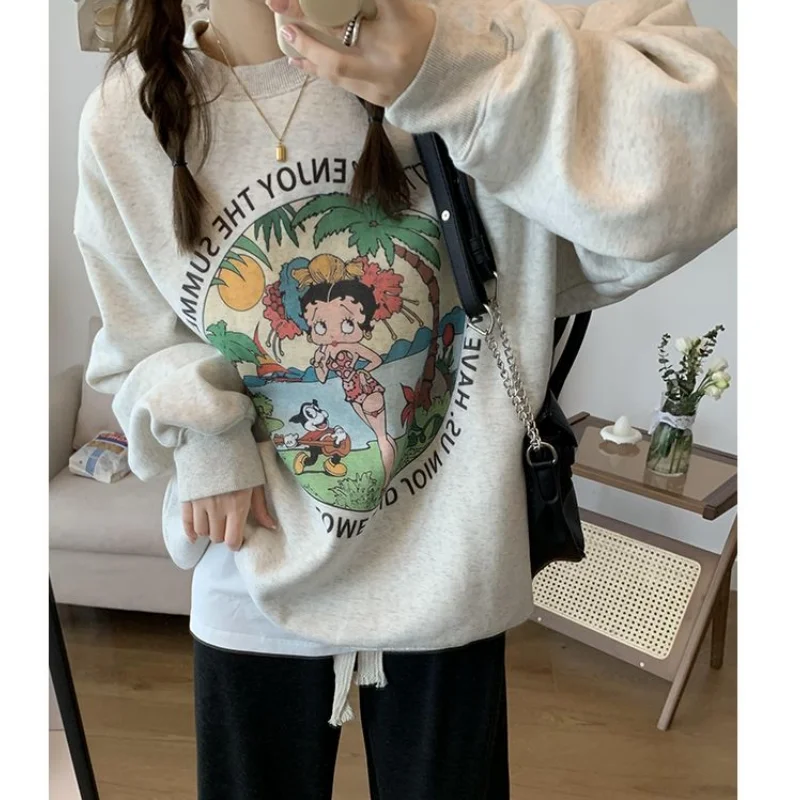 White Grey Retro Print American Cartoon Letter Cute Sweatshirt New Autumn Winter Baggy Pullover Girls\' Feeling Round Neck Top