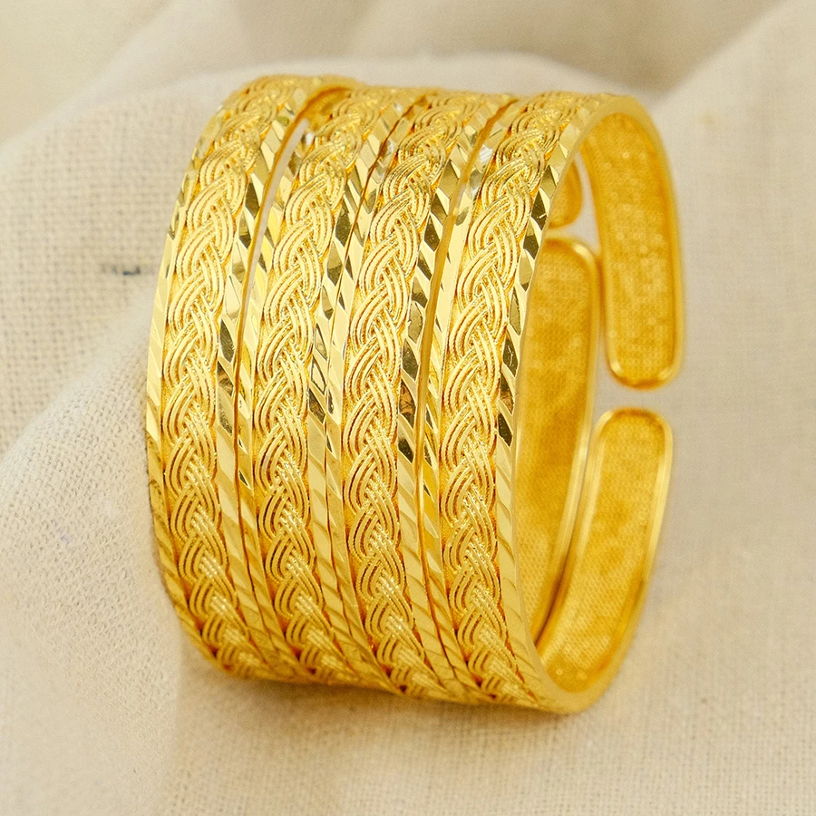 Dubai Women's Line Gold Plated Indian African Hard Bracelet Charming Wedding Ethiopia Arab Handmade Jewelry Luxury