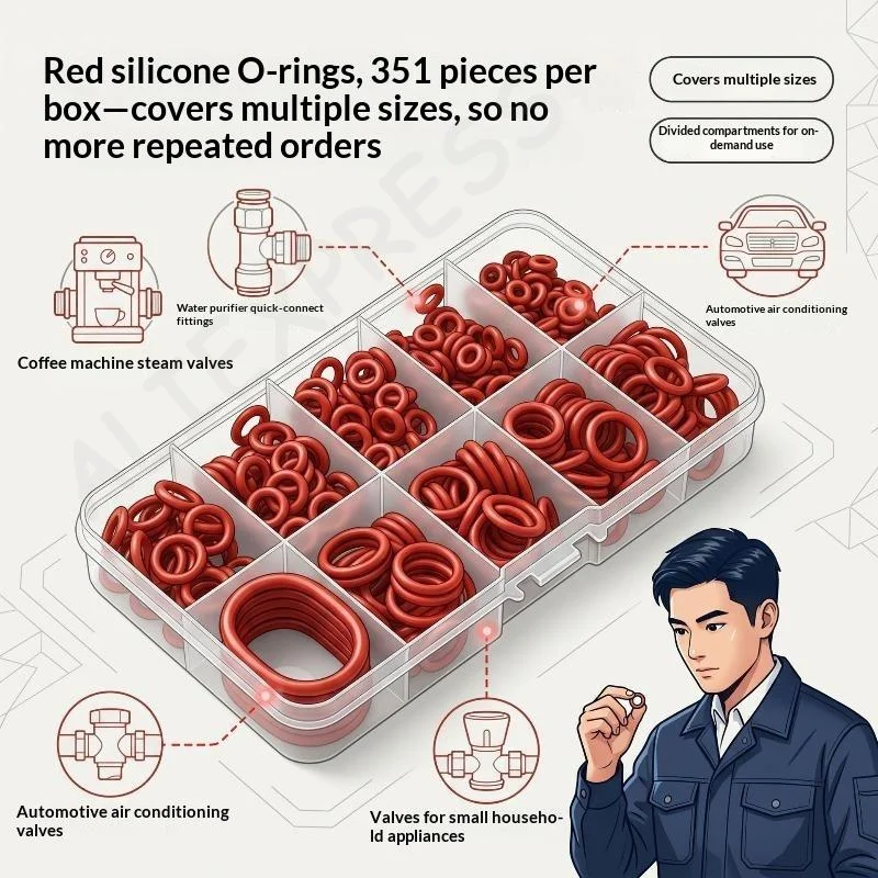[G]351/370/390Pcs Red Silicone O-Ring Set, 10 Sizes, Oil And Heat Resistant, Suitable For Cars And Pipelines