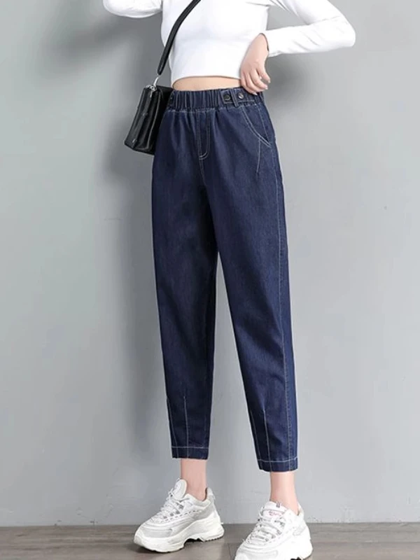 

Ele Свободный крой, прямые джинсовые джинсы, женские брюки с высокой талией, летние новые повседневные шаровары Sle, девять очков