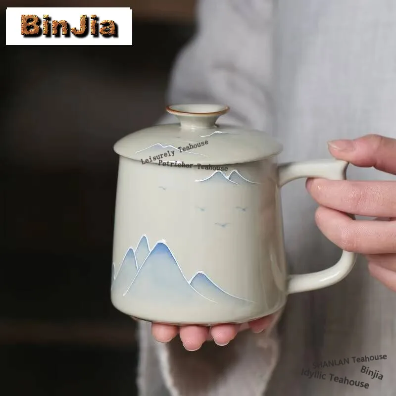 340ml Plant Ash Handmade Mug Hand-painted Distant Hills Mug Retro Coffee Cup Water Mug with Lid Kit Tea Making Teaware Crafts