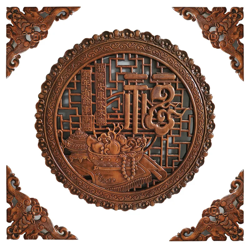 Dongyang wood carving pendant camphor wood decorative painting handicrafts Chinese antique solid wood Fu character background wa