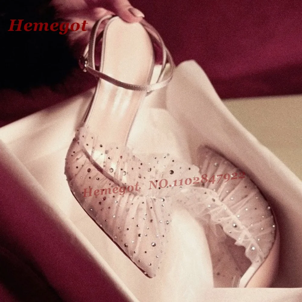 Women's Nude Mesh Rhinestone Slingback Heels Sandals Ruffle Pointed Toe Ankle Strap Stiletto Sandals Elegant Bridal Wedding Shoe
