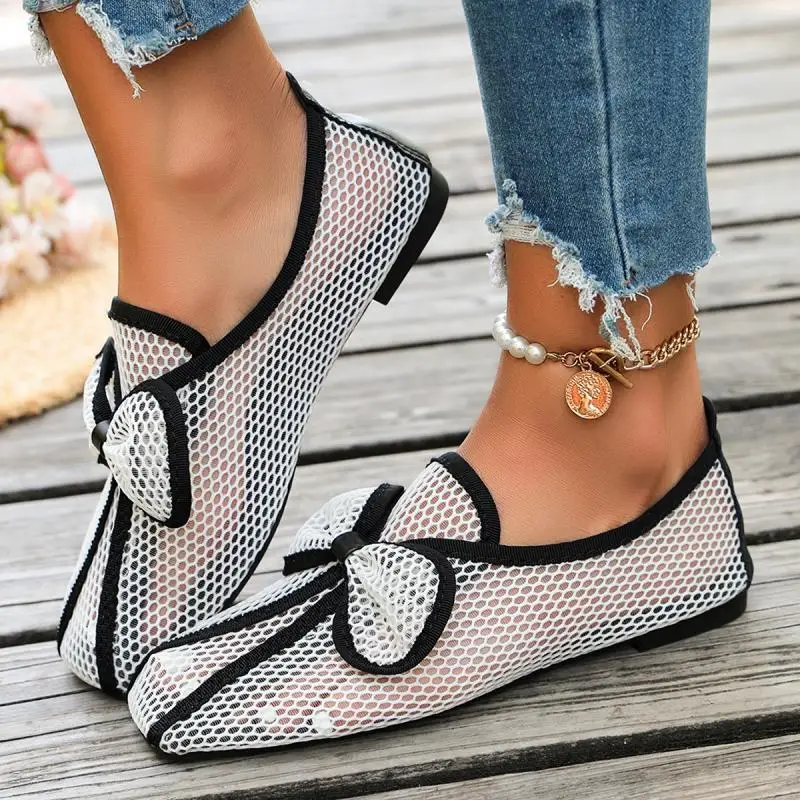 Mesh-Hohlschuh mit Schleife, Ballerinas für Damen, Frühling, Weiß, Schwarz, Atmungsaktive Slip-On-Schuhe, Flache Schuhe, Damen-Freizeitsandalen – Detail 8