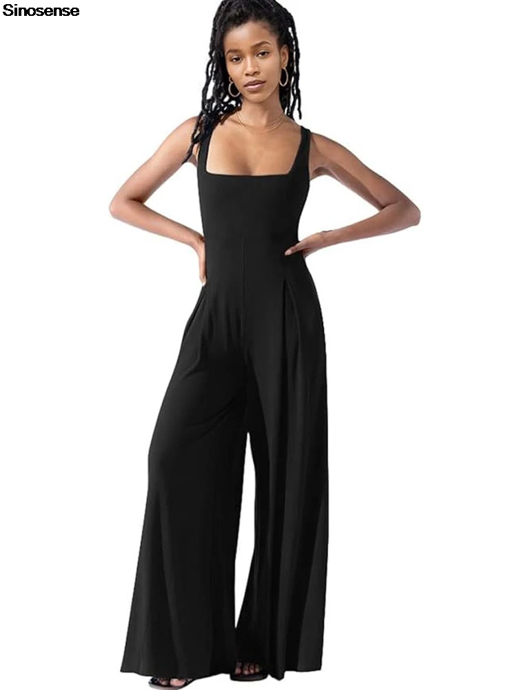 

Women One Piece Sleeveless Jumpsuits Ribbed Knit Square Neck Tank Top Solid Color High Waist Wide Leg Long Pant Loose Rompers