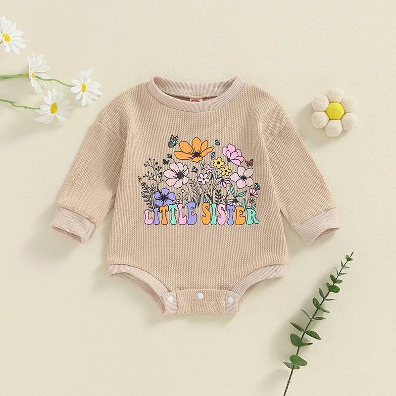 

SUNSIOM Baby Girls Romper Long Sleeve Crew Neck Flower Letters Print Waffle Bodysuit Fall Clothes for Casual Daily