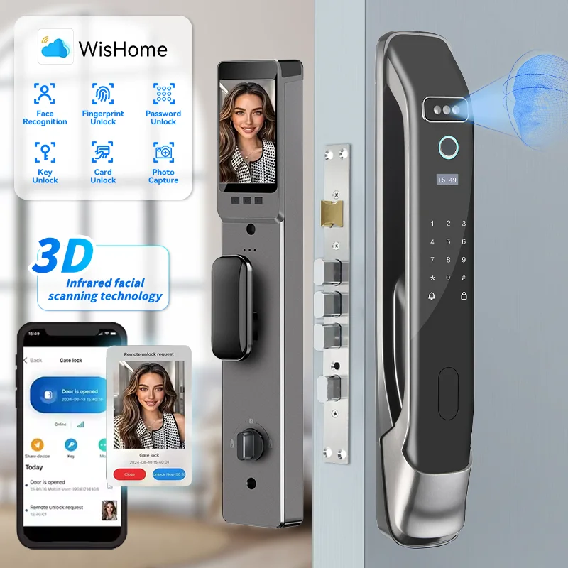 

Front Door Smart Lock with Camera and Indoor Screen - Fingerprint Door Lock for Video Doorbell, Fingerprint, APP, Passcodes