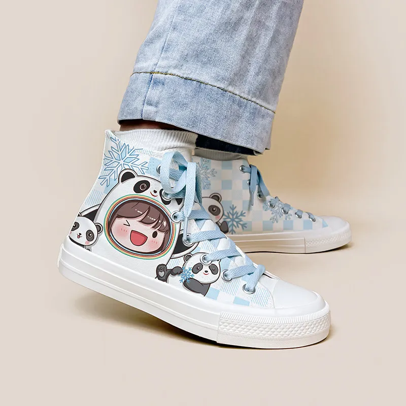 

Cute Cartoon Panda Girl Print High Top Platform Canvas Shoes For Women Casual Sneakers Soft Sole Student Shoes Snowflake Design