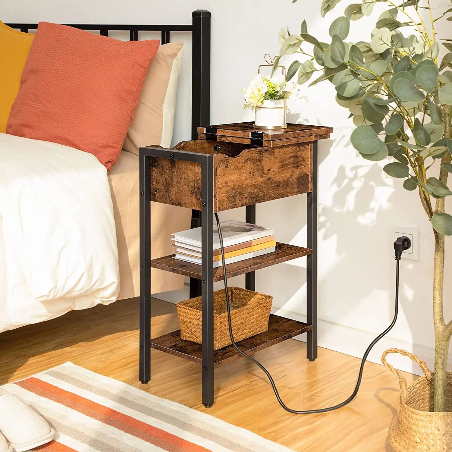 HOOBRO Side Table Flip-Top Sofa Table With Charging Station And Shelf Narrow Bedside Table For Small Spaces Bedroom Living Room