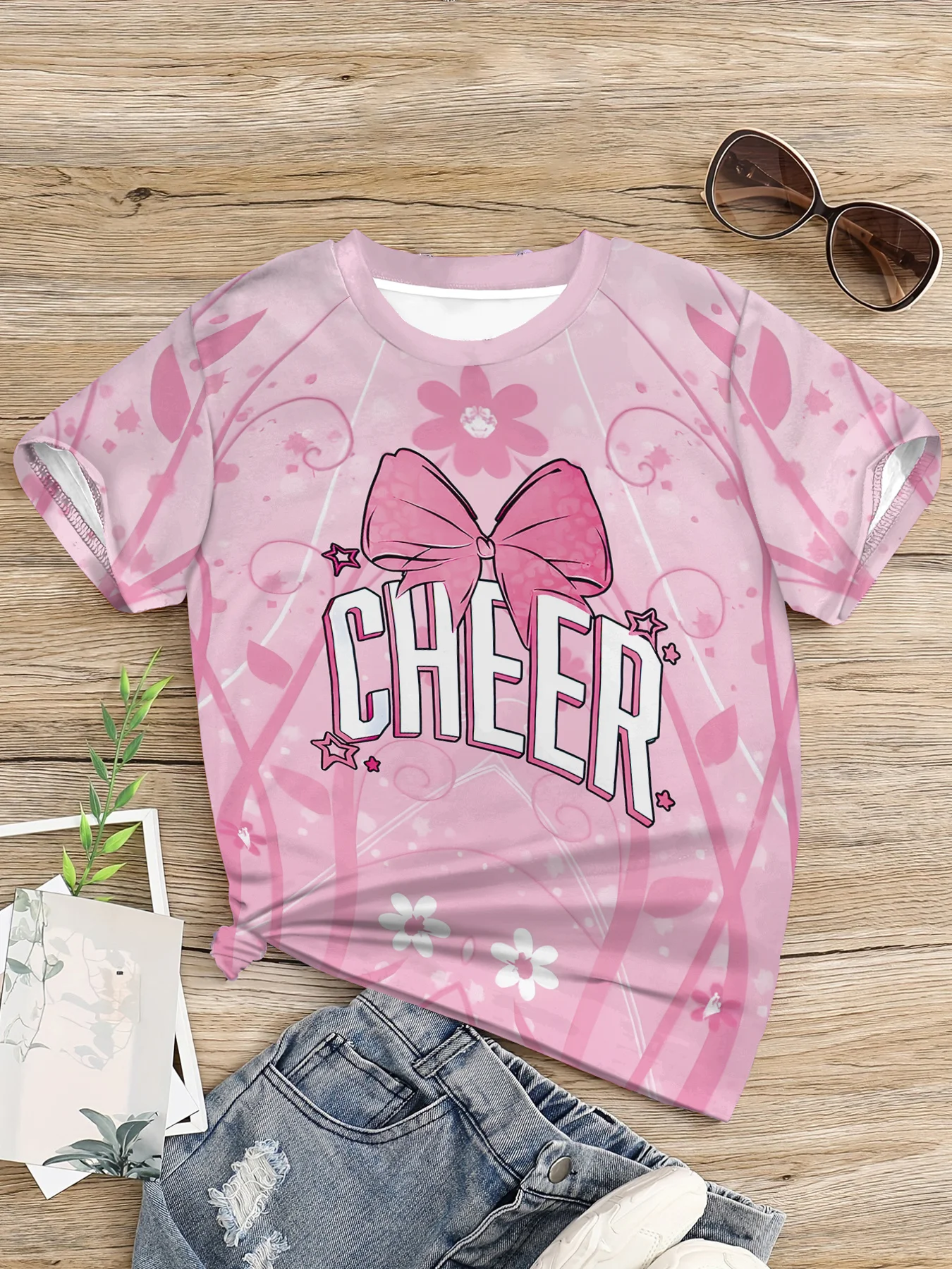 Girls Cheerleading Themed T-Shirt, Pink Bow Flower Star Pattern with CHEER Text Casual Kids Graphic Top