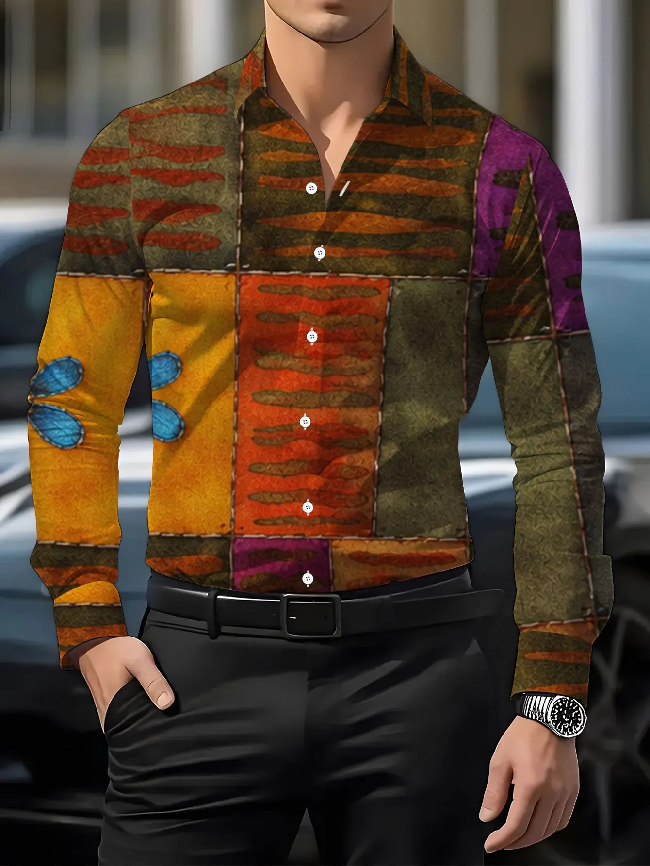 2026 Men Long Sleeve Shirt Patchwork Stripe Print Turn Down Collar Fashion Daily Top Men's Clothing