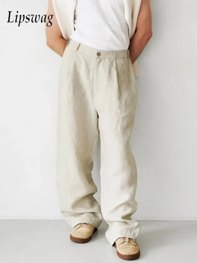 

Vintage Pleated Design Mens Linen Pants Summer Leisure Breathable Loose Straight Pants Men New Casual Solid Color Linen Trousers