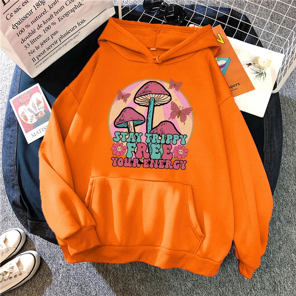 Creative Mushroom Butterfly Illustration Print Women Hoodies All-Match Fashion Hoody Autumn Fleece Hoodie Loose Clothes Unisex