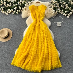 Vintage v neck Sleeveless pleated mesh Elegant Slip Dress A-line High Waist Vacation Women summer Vestidos dresses