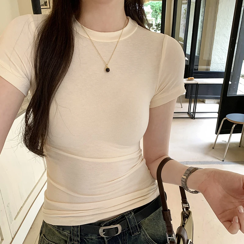 

2024 Summer New Fashion Short Sleeve T-Shirt Women Solid Color Simple Casual Soft All-Match Hot Basic Crop Tops Tees