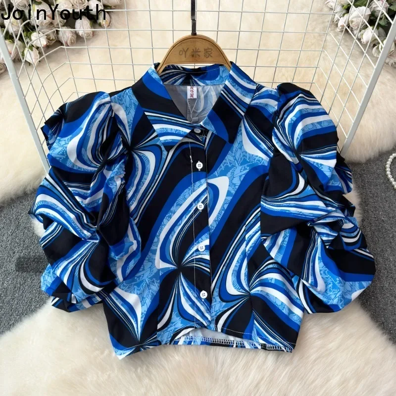 Crop Tops Blouses for Women Puff Sleeve Slim Fit Floral Shirts 2024 Blusas Mujer De Moda Tie-dye Vintage Summer Sweet Blouse