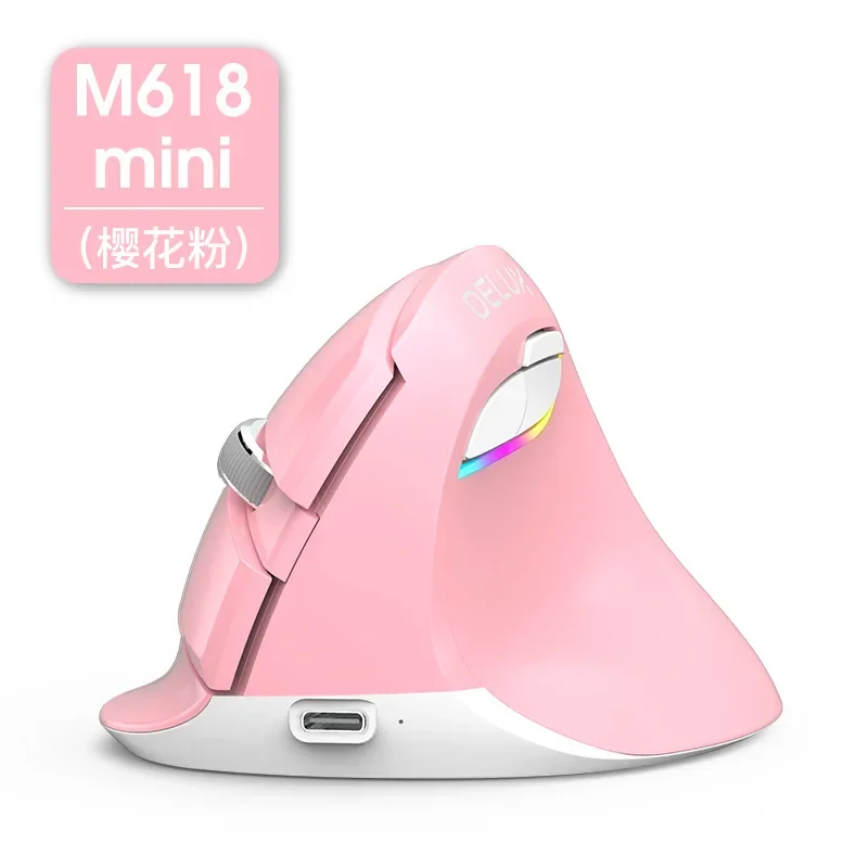 Delux M618 Mini Mouse Wireless Vertical Gaming Mouse White Bluetooth 2.4GHz Ergonomic RGB Rechargeable Silent click Mice Office