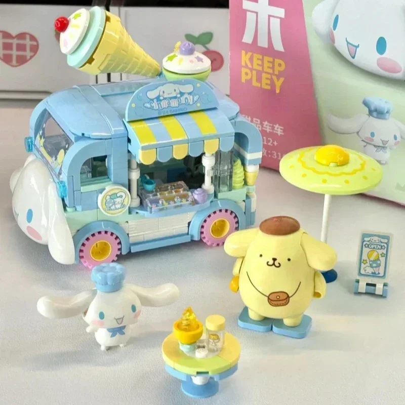 Keeppley Building Blocks Sanrio Hello Kitty Pochacco Burger Car Model Cinnamoroll Pompom Purin Splicing Ornaments Toys Gifts