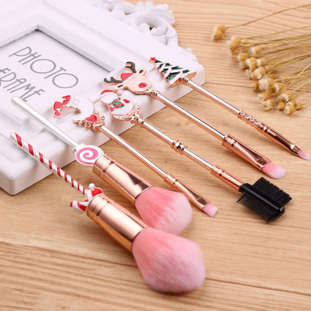 

6pcs Mini Makeup Tools Cartoon Christmas Brush Set For Foundation Face Powder Contour Blending Highlighting Synthetic