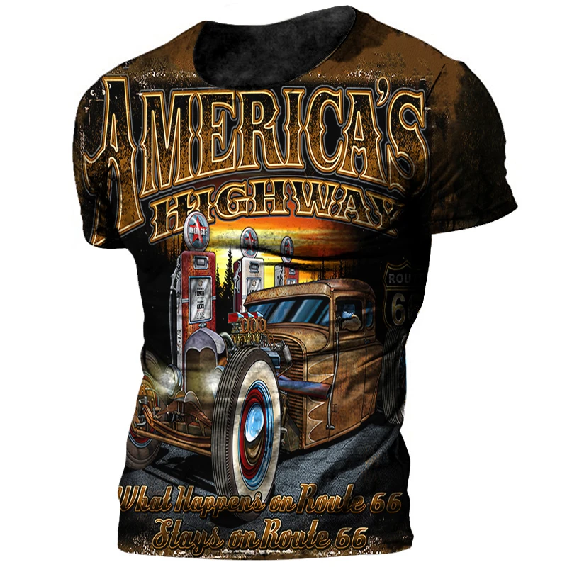 Vintage Route 66 3D Print T-Shirts Men Women Short Sleeve T Shirt Harajuku Y2K Tops Street Motorcycle Style Tees Men's Clothing