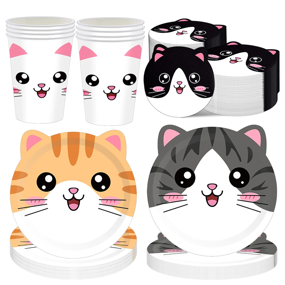 Cute Animals Tableware Cat Shaped Dinner Plates Disposable Plates Napkins Cups Animals Theme Birthday Baby Shower Party Favors