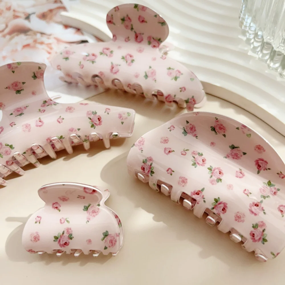 Neue Rosa Blumenmuster Acetat Haarspange für Damen und Mädchen, Große und Kleine Schweißblumen-Haarklammer, Haarstyling-Accessoires, Geschenk – Detail 3