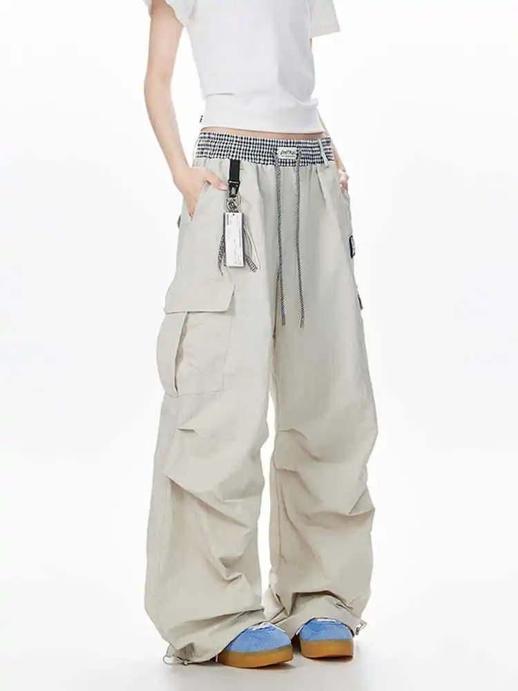 Women Grey Baggy Cargo Pants Y2k Emo Vintage Hip Hop Parachute Pants Japanese 2000s Style Patchwork Trousers Clothes Summer 2025