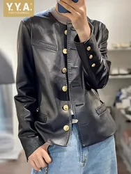 Vintage Single-Breasted Women Genuine Leather Jacket Office Ladies New Fashon Short Coat O-Neck Slim Fit Real Sheepskin Jackets