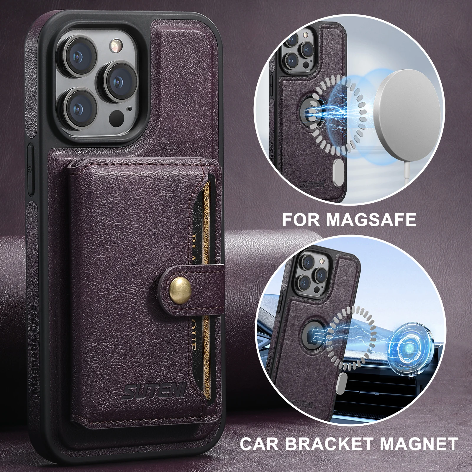 2 in 1 Removable Card Wallet Strong Magnet Case For iPhone 12 13 14 15 16 17 Pro Max Vintage Leather Phone Holder Stand Cover