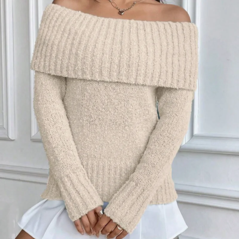 Women\'s sexy off-shoulder lapel sweater tops casual solid color long-sleeved pullover autumn and winter knitted pullover