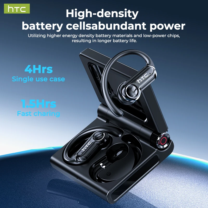 HTC NE80 Full HD LCD Display Wireless Bluetooth Earphones Open-ear Earbuds Noise Cancellation 50Hrs Playback for Sport Music Wor