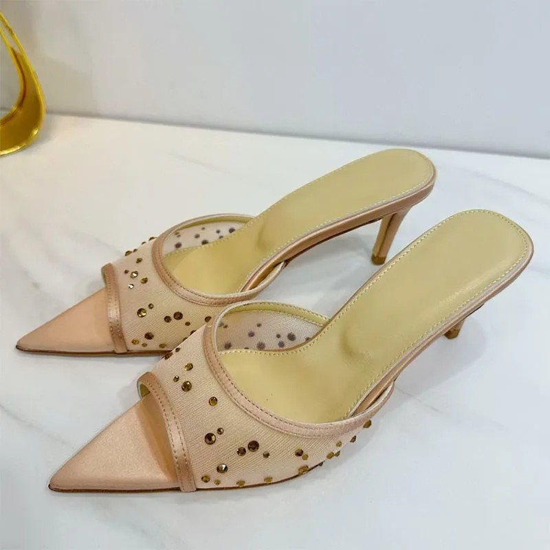 

Sexy High Heels Slippers Woman Lace Rhinestone Party Slides Women Pointed Toe Modern Slides Summer Stiletto Slippers For Women