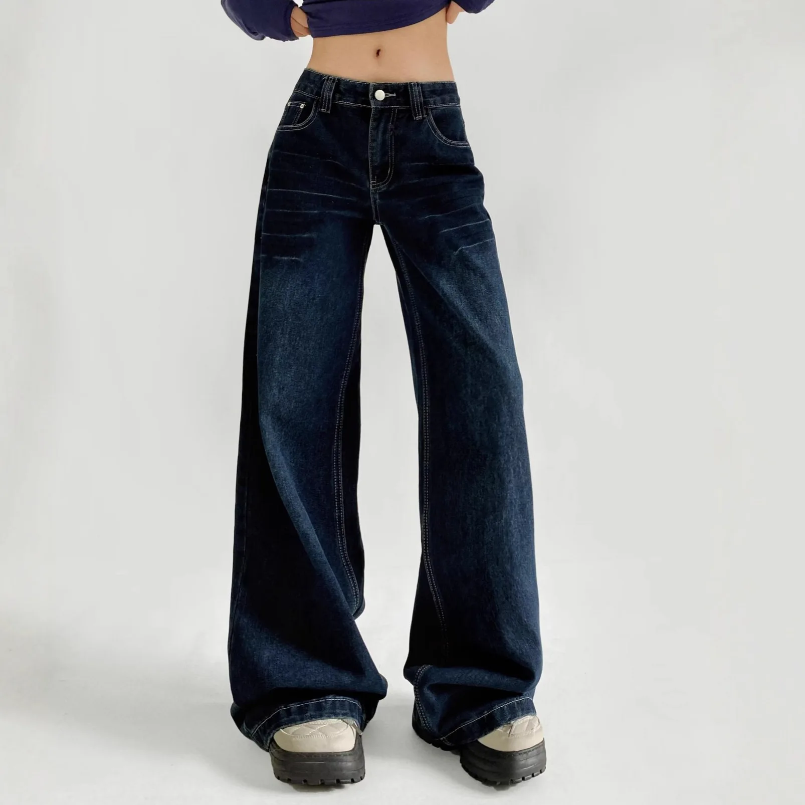 

Retro dark blue wide-leg jeans for women's new Spice Girl cat beard pattern loose and thin straight-leg pants for women