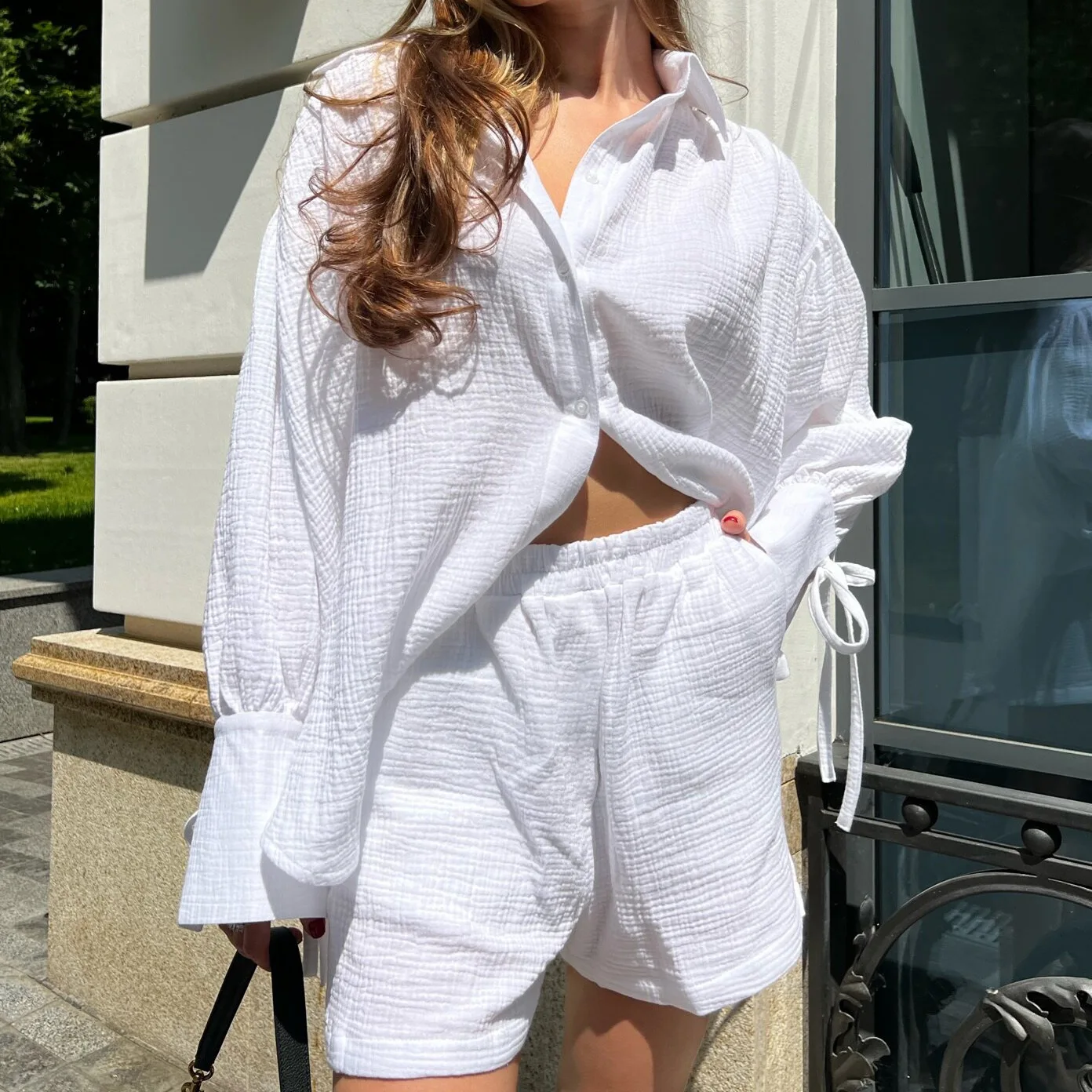 

DSMTRC белые однотонные повседневные шорты из двух предметов, костюм для женщин, осенние свободные рубашки с отложным воротником и длинными рукавами + шорты, одинаковый наряд