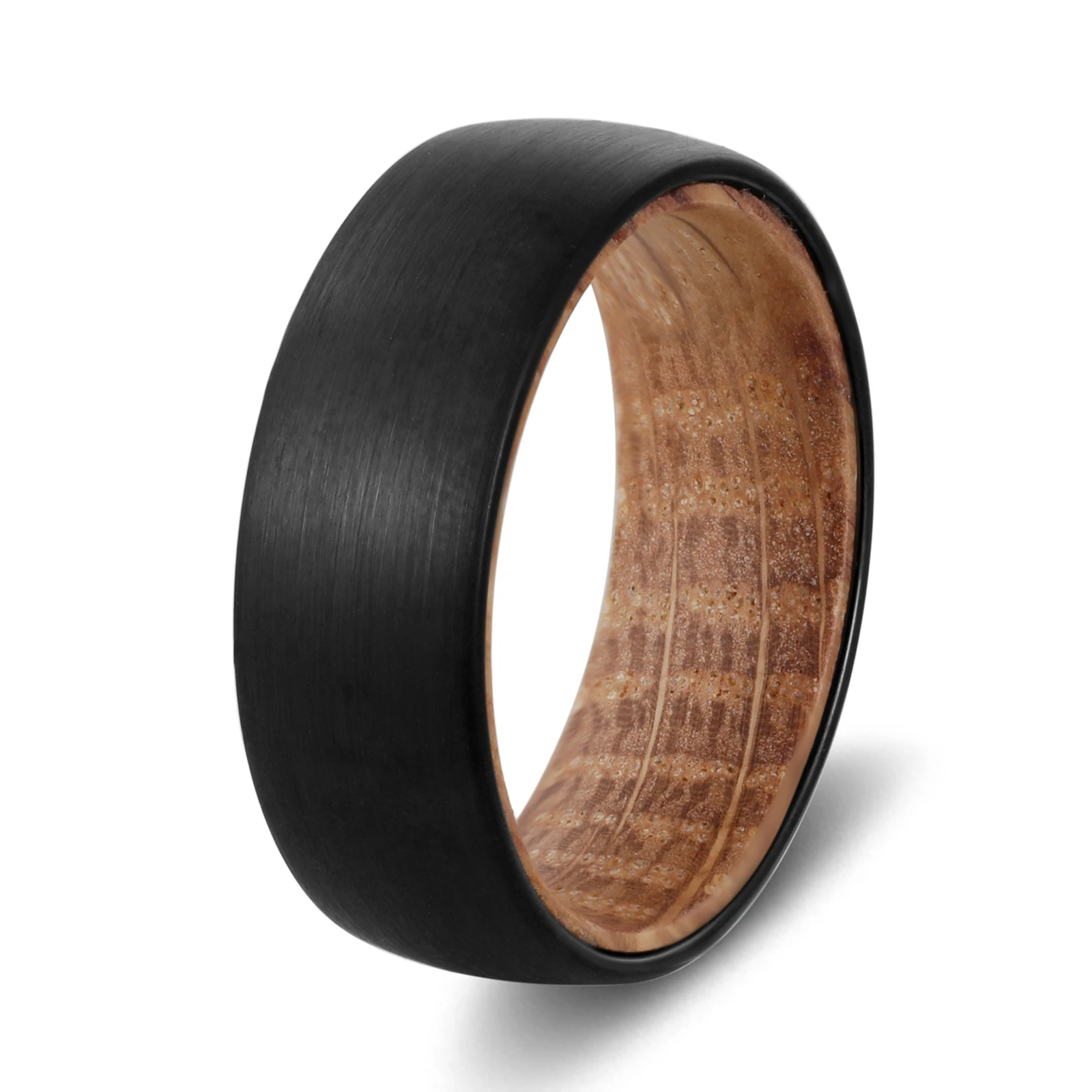 

8mm Width Tungsten Promise Rings for Men Black Brushed Finishing with Whiskey Barrel Wood Sleeve Size 7-12 Comfort Fit