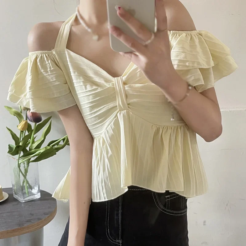 Blusa de manga corta con cuello Halter y lazo para mujer, Tops de verano, versión coreana