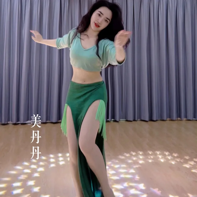 

Customized Belly Dance Costumes Product Set Green Contrasting Tassel High-end Long Skirt Plus Size Performance Clothes