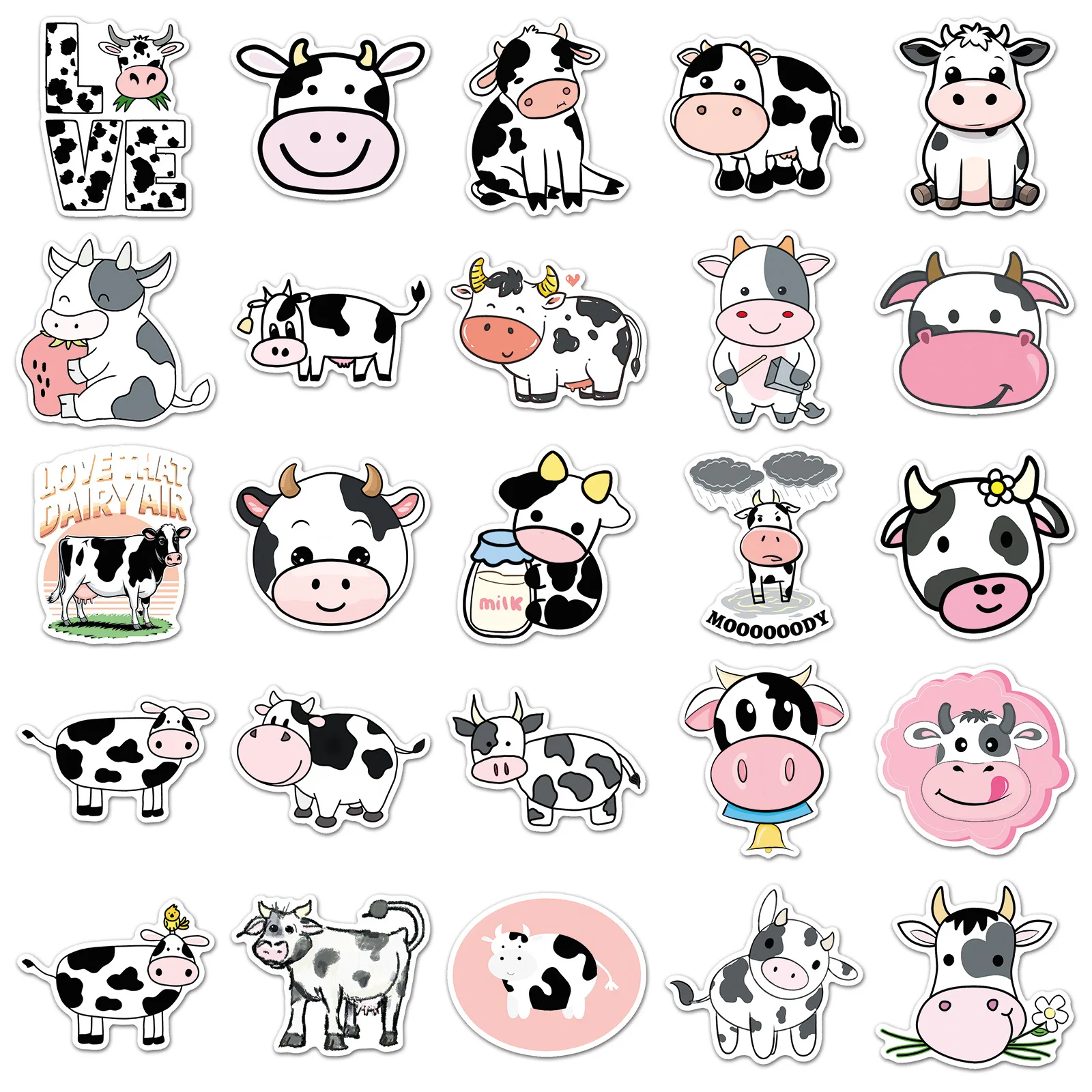 10/50PCS Adesivo Criativo de Vaca em Estilo Cartoon, Decalque à Prova d'Água para Copo de Água, Capa de Celular, Caixa de Material Escolar